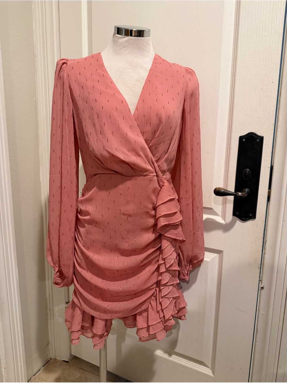 Express Dusty Rose Wrap Ruffle Long-Sleeve Dress